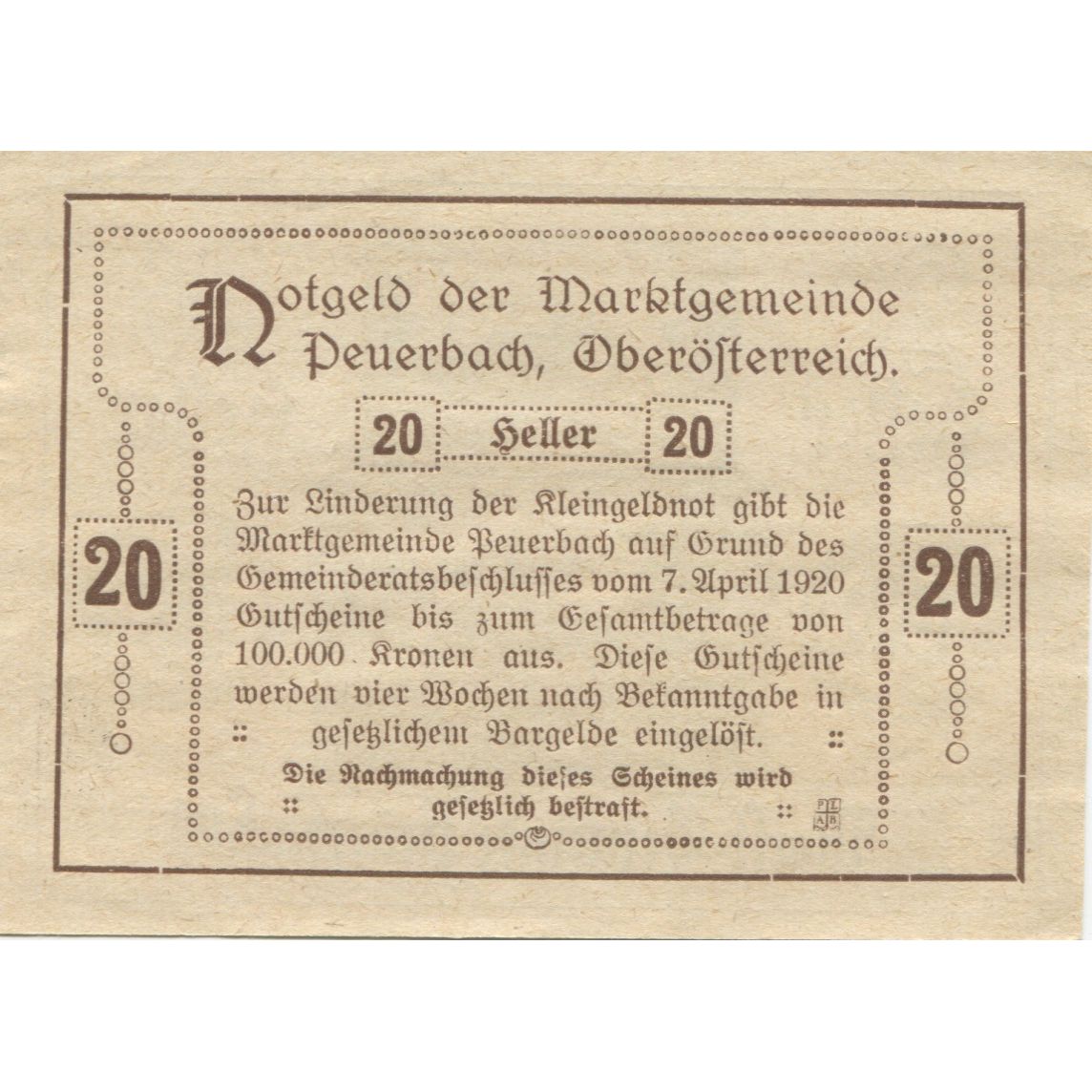 Banknote, Austria, Peuerbach, 20 Heller, Eglise, 1920 UNC(63) Mehl:FS 741IIa