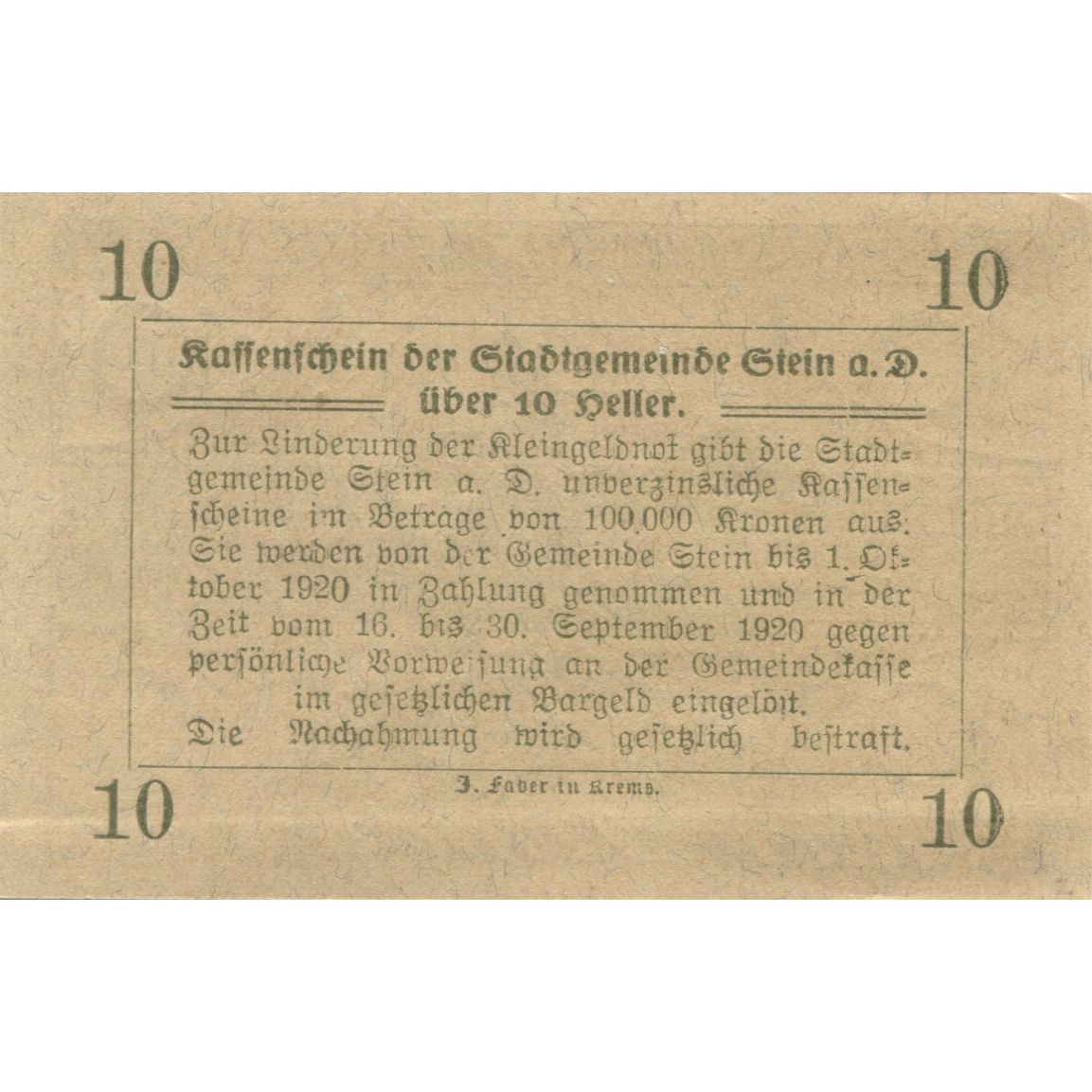 Banknote, Austria, Stein, 10 Heller, village, 1920 UNC(63) Mehl:FS 1015I.1