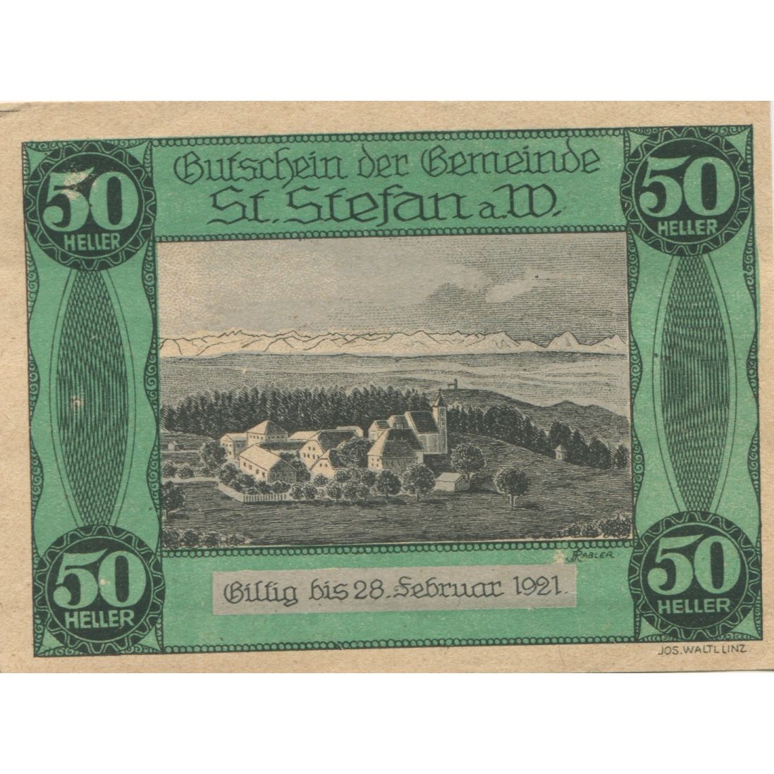 Banknote, Austria, St Stefan, 50 Heller, paysage, 1921 UNC(63) Mehl:FS 937a