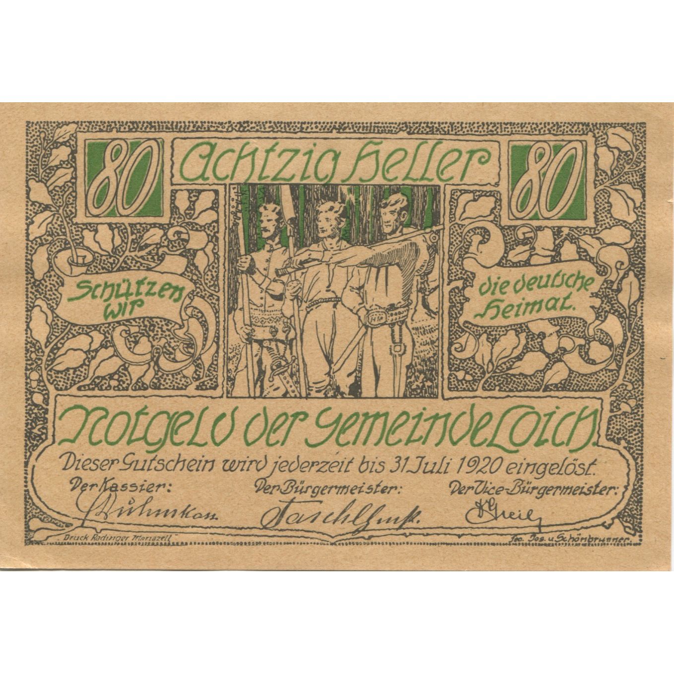 Banknote, Austria, Loich, 80 Heller, personnage, 1920 UNC(63) Mehl:FS 562.01