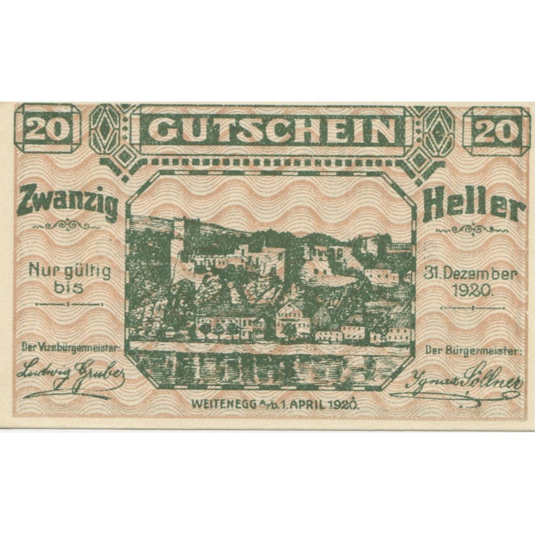 Banknote, Austria, Weitenegg A/D, 20 Heller, Eglise, 1920 UNC(63) Mehl:FS 1163a