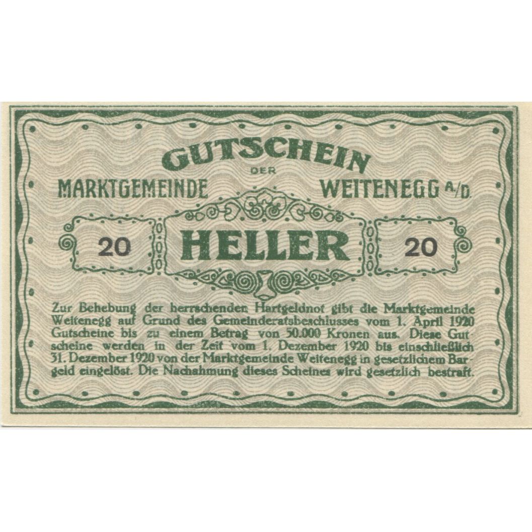 Banknote, Austria, Weitenegg A/D, 20 Heller, Eglise, 1920 UNC(63) Mehl:FS 1163a