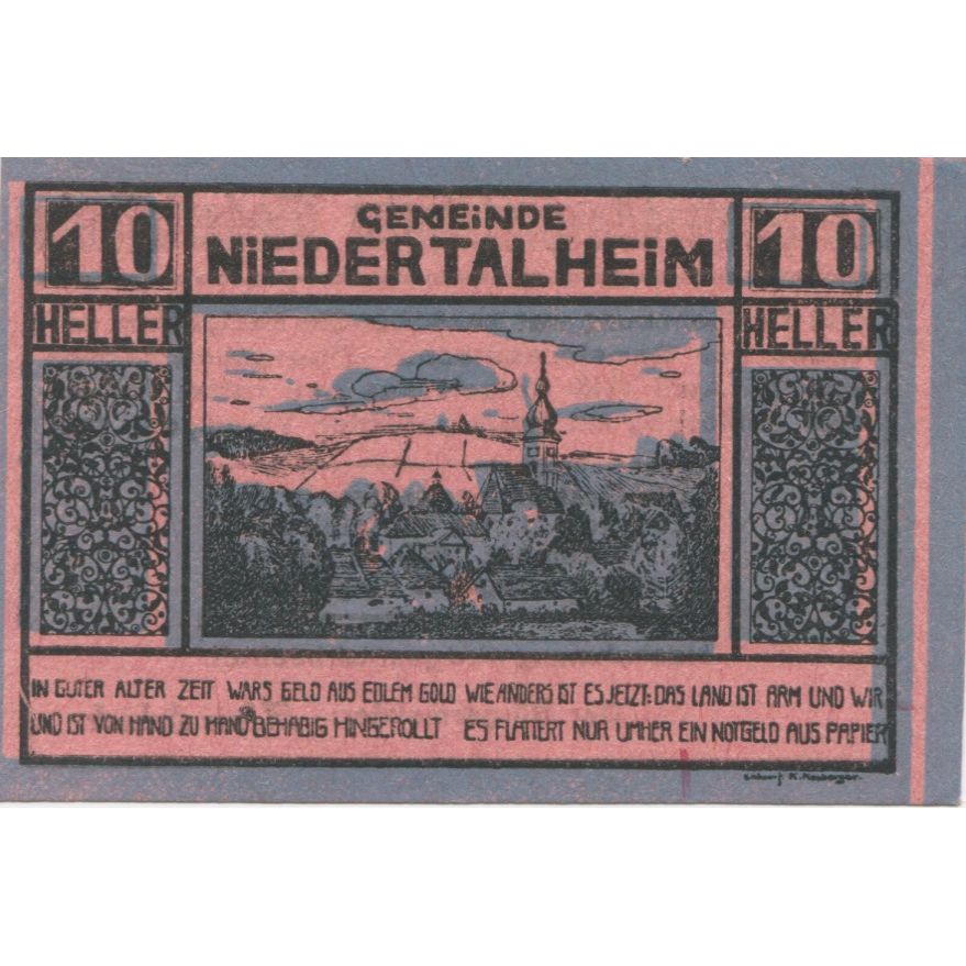 Banknote, Austria, Niedertalheim, 10 Heller, village, 1920 UNC(63) Mehl:FS 672d