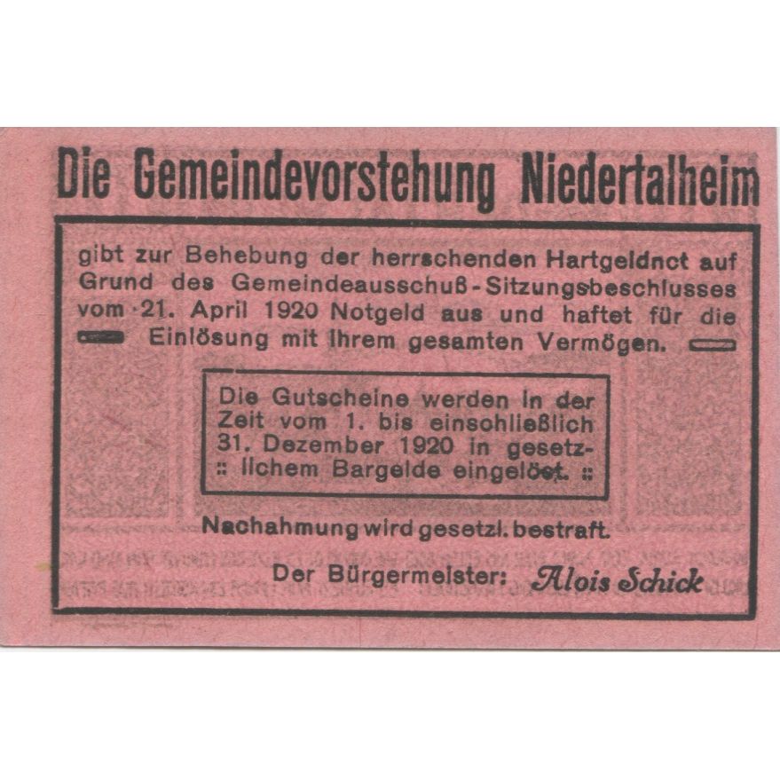 Banknote, Austria, Niedertalheim, 10 Heller, village, 1920 UNC(63) Mehl:FS 672d