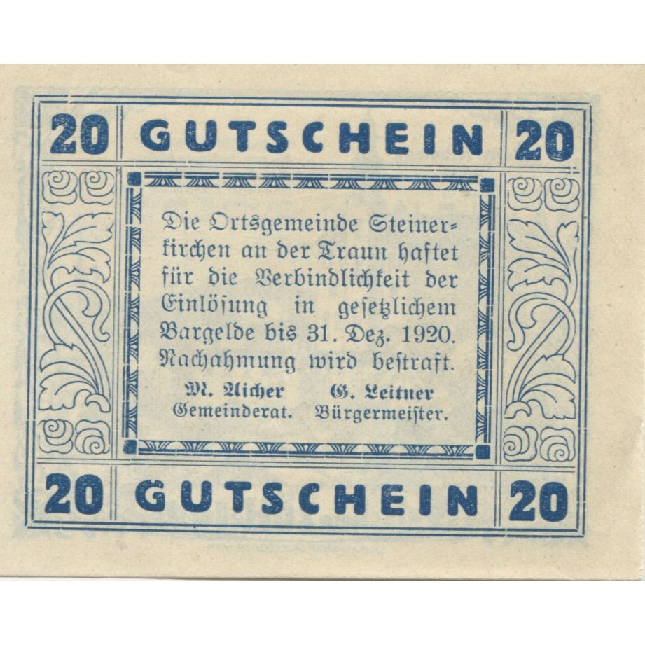 Banknote, Austria, Steinerkirchen, 20Heller, château, 1920 UNC(63) Mehl:FS 1029I