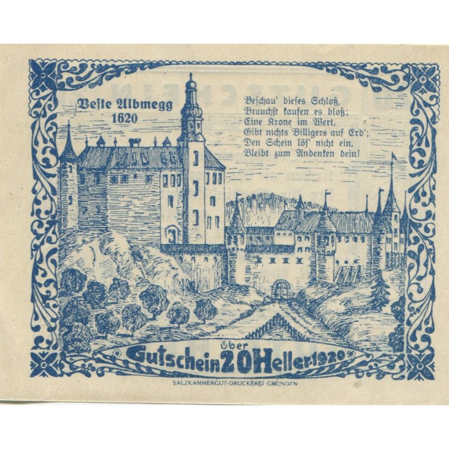 Banknote, Austria, Steinerkirchen, 20Heller, château, 1920 UNC(63) Mehl:FS 1029I