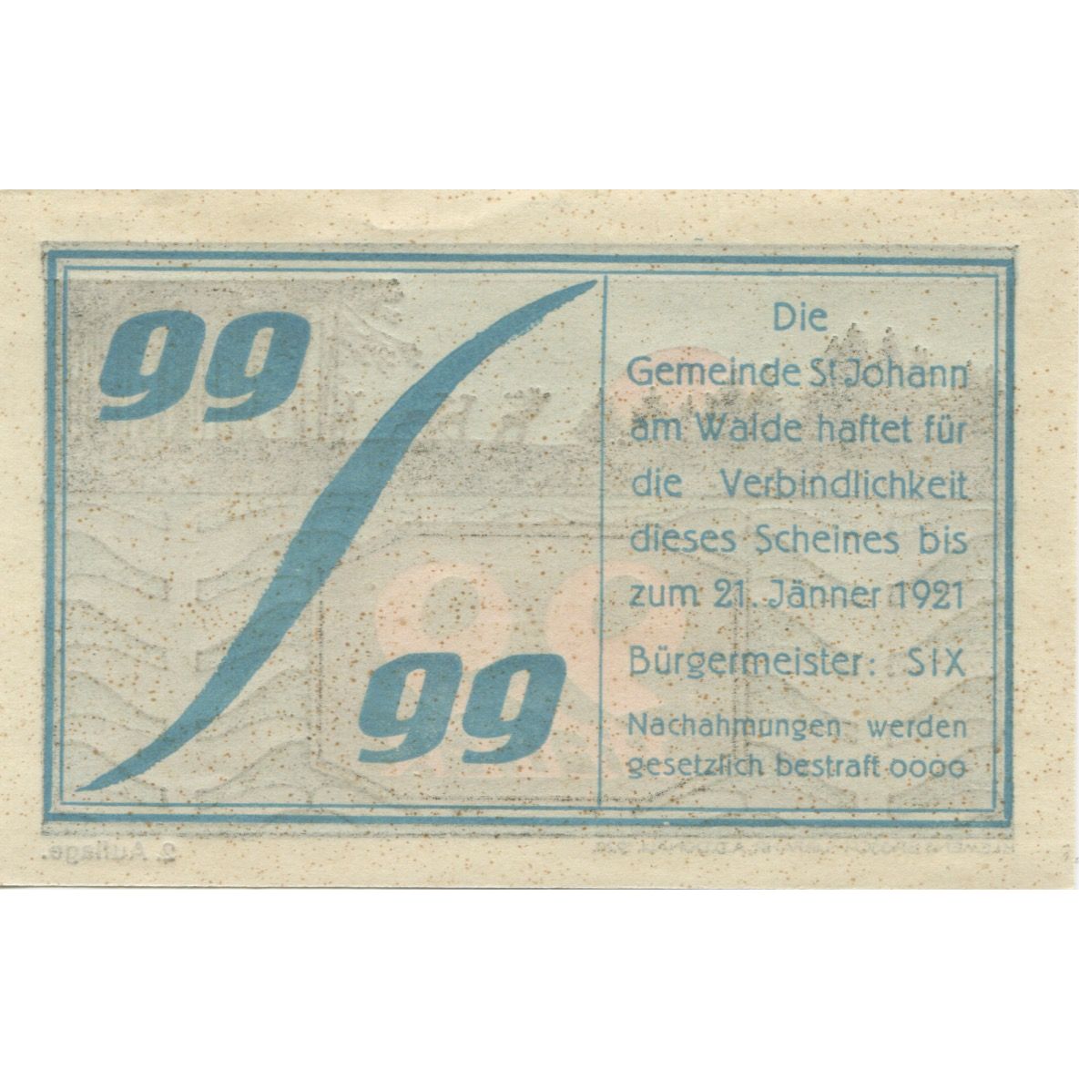 Banknote, Austria, St Johann, 99 Heller, paysage, 1921 UNC(63) Mehl:FS 893a