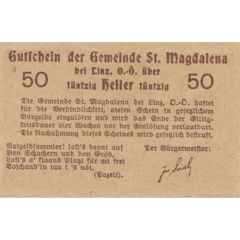 Banknote, Austria, St Magdalena, 50 Heller, village, 1920, UNC(63), Mehl:FS 906a