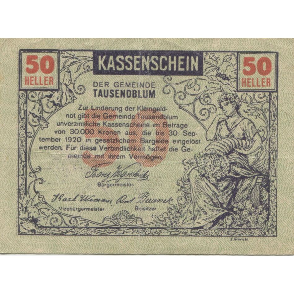 Banknote, Austria, Tausendblum, 50 Heller, champs, 1920, UNC(63) Mehl:FS 1060