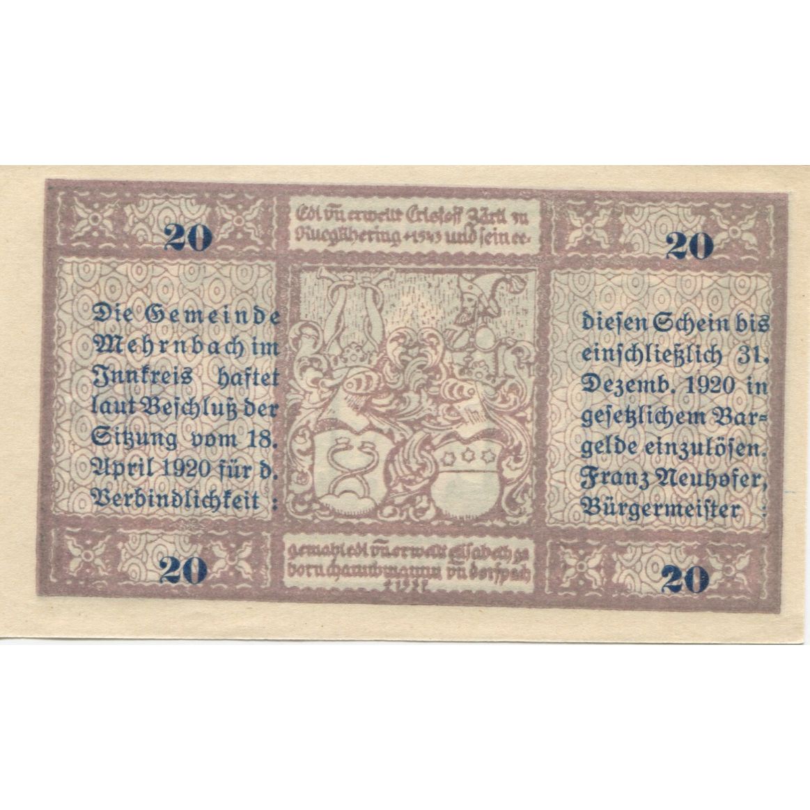 Banknote, Austria, Mehrnbach, 20 Heller, Blason, 1920, UNC(63) Mehl:FS 604