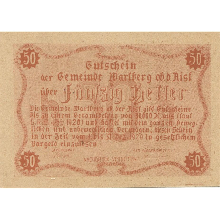Banknot, Austria, Warlberg, 50 Heller, château 1920-12-31, UNC(63) Mehl:FS 1118I