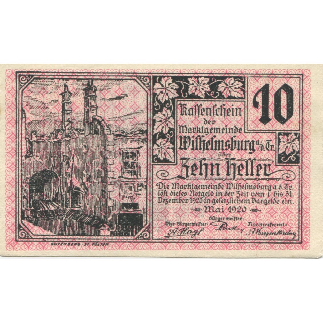 Banknote, Austria, Wilhelmsburg, 10 Heller, château, 1920 UNC(63) Mehl:FS 1235a