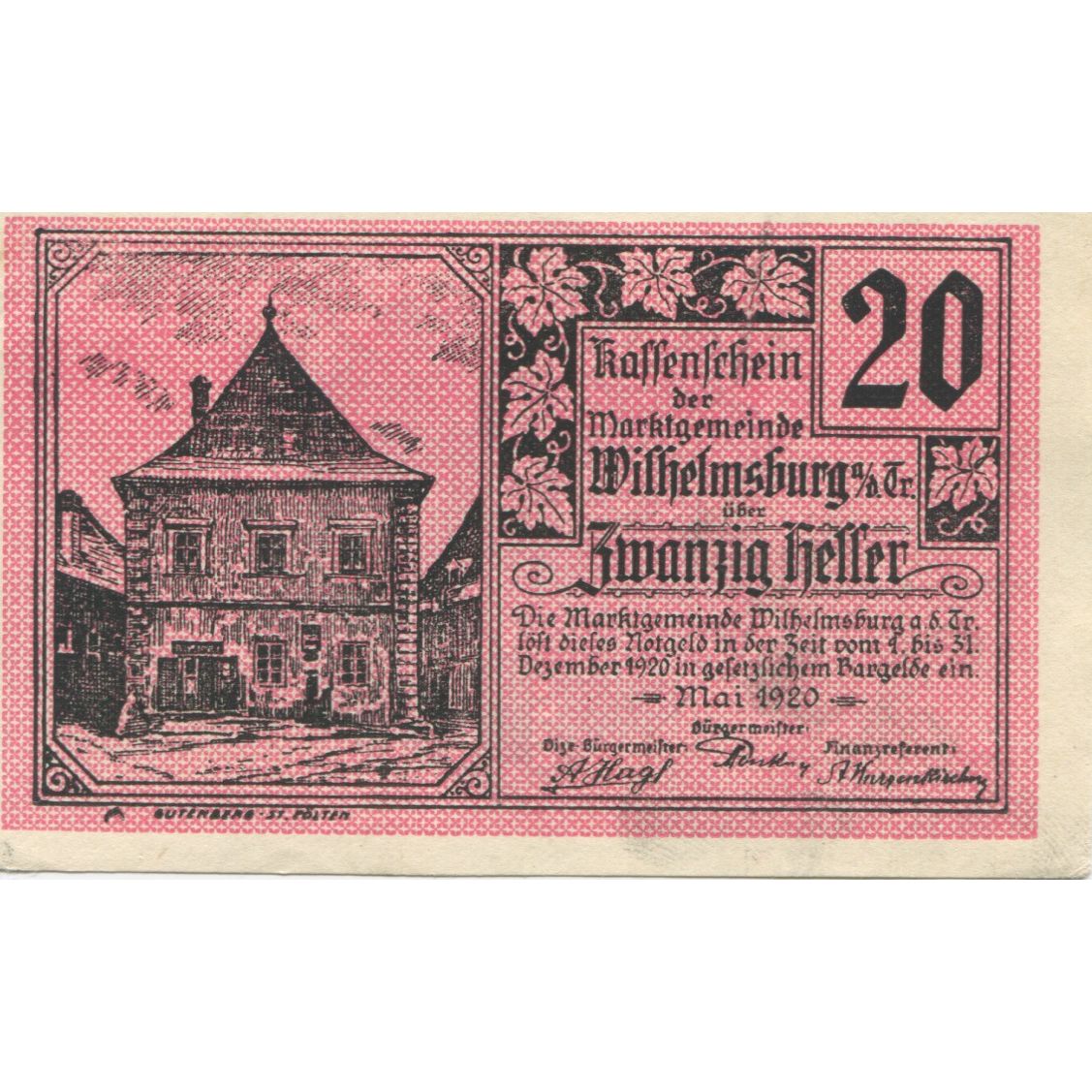 Banknote, Austria, Wilhelmsburg, 20 Heller, Maison, 1920 UNC(63) Mehl:FS 1235a