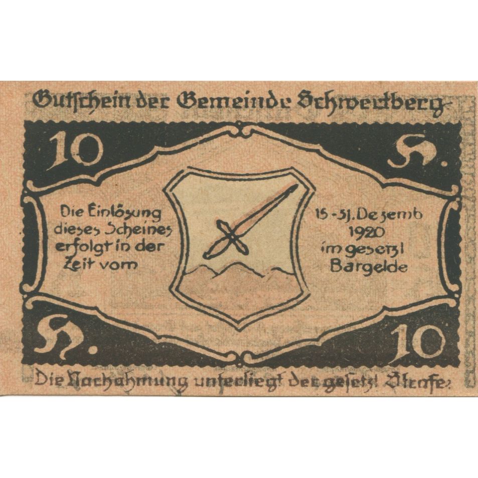 Banknote, Austria, Schwertberg, 10 Heller, épée, 1920 UNC(63) Mehl:FS 984Ia