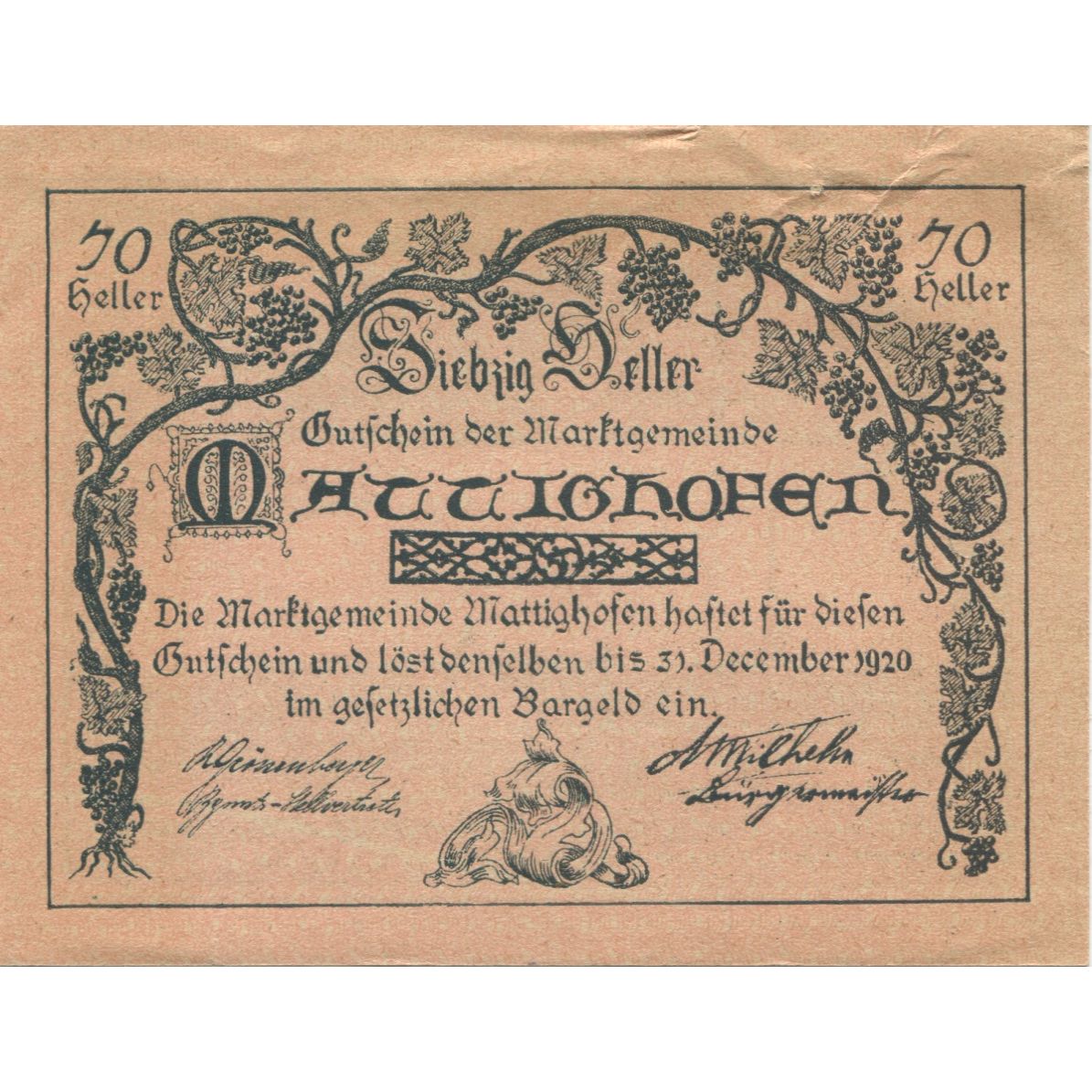Banknote, Austria, Mattighofen, 70 Heller, village, 1920 UNC(63) Mehl:FS 594a