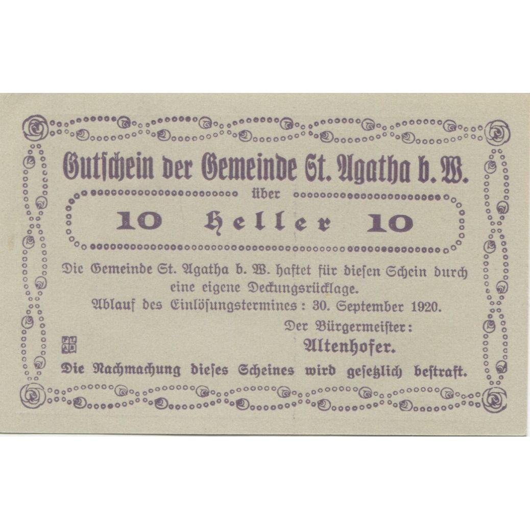 Banknote, Austria, St Agatha, 10 Heller, village, 1920 UNC(63) Mehl:FS 877Ic2