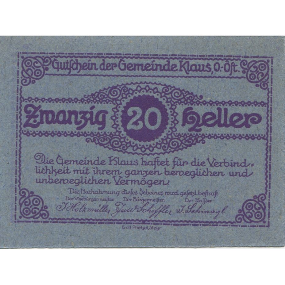 Geldschein, Österreich, Klaus, 20 Heller, château, 1920 UNZ- Mehl:FS 454IIf