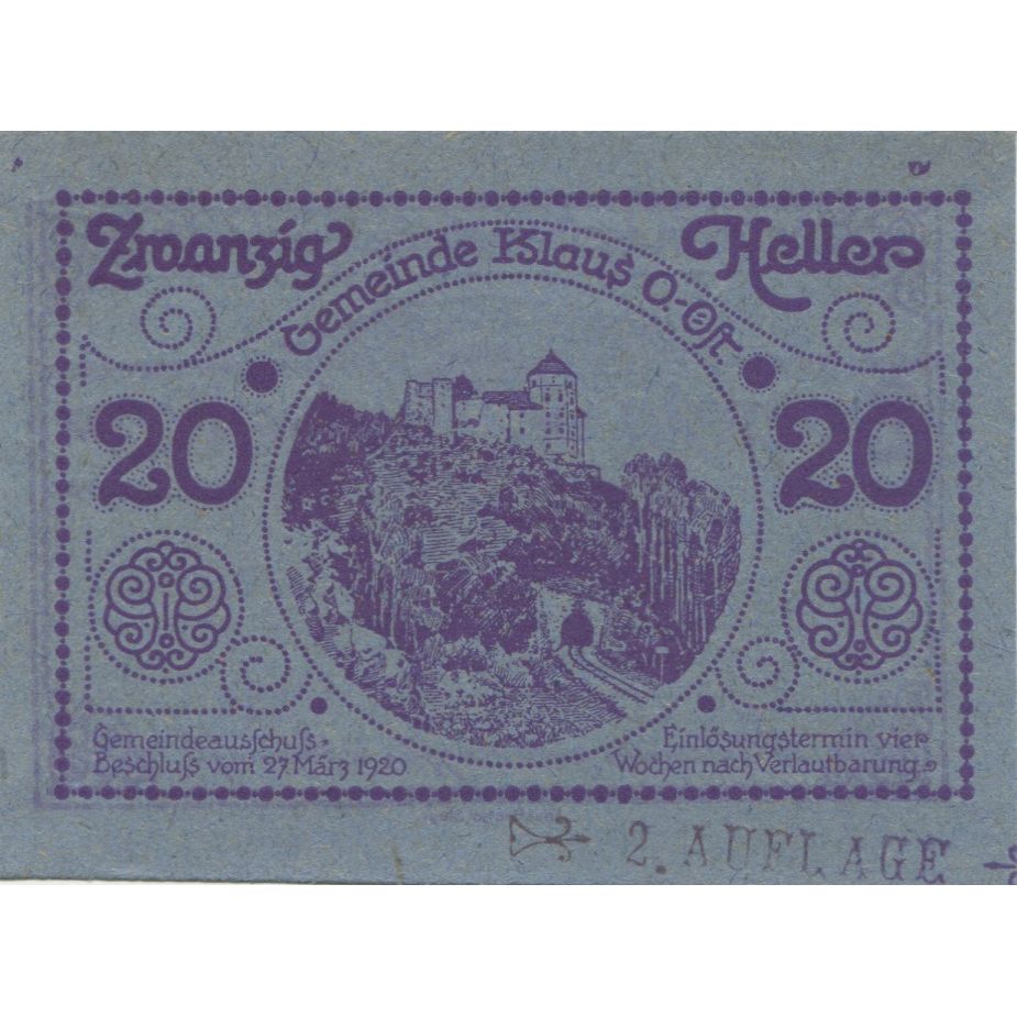 Geldschein, Österreich, Klaus, 20 Heller, château, 1920 UNZ- Mehl:FS 454IIf