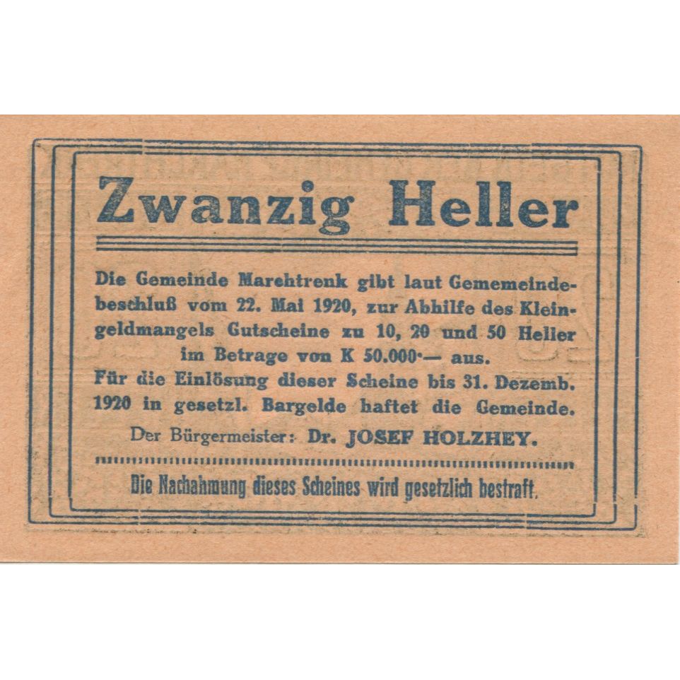Geldschein, Österreich, marchtrenk, 20 Heller, Eglise, 1920 UNZ- Mehl:FS 581d
