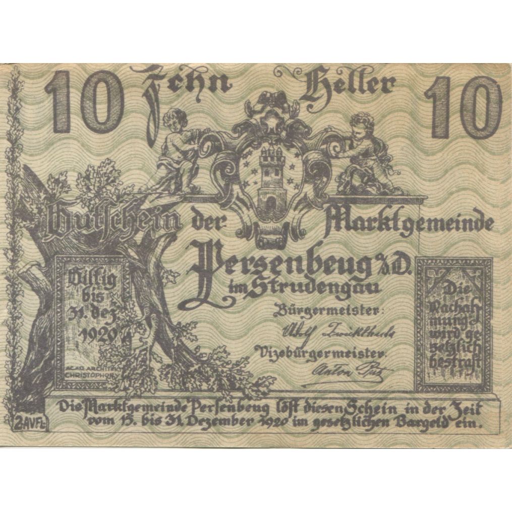 Banknote, Austria, Persenbeug, 10 Heller, château, 1920 AU(55-58) Mehl:FS 735IIa
