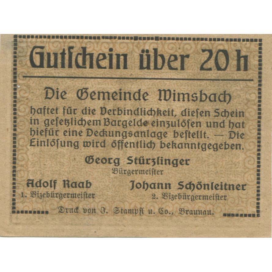 Geldschein, Österreich, Wimsbach, 20 Heller, champs, 1920, UNZ-, Mehl:FS 1240aA
