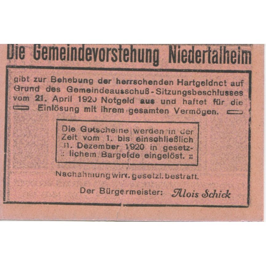 Banknote, Austria, Niedertalheim, 20 Heller, village, 1920, UNC(63) Mehl:FS 672b