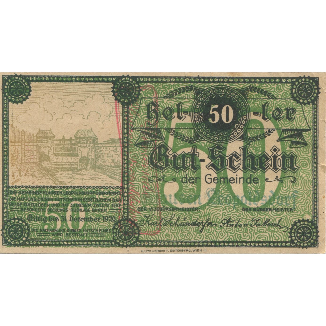 Banknote, Austria, Leopoldsdorf, 50 Heller, château, 1920 UNC(63) Mehl:FS 455c