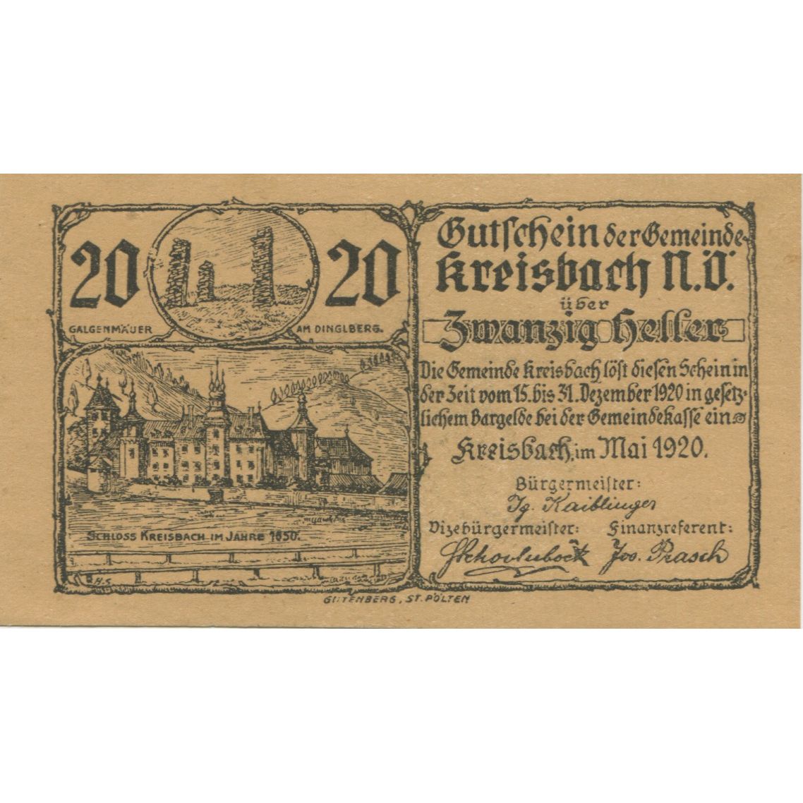 Banknot, Austria, Kreisbach, 20 Heller, château 1920-12-31 UNC(63) Mehl:FS 1235a