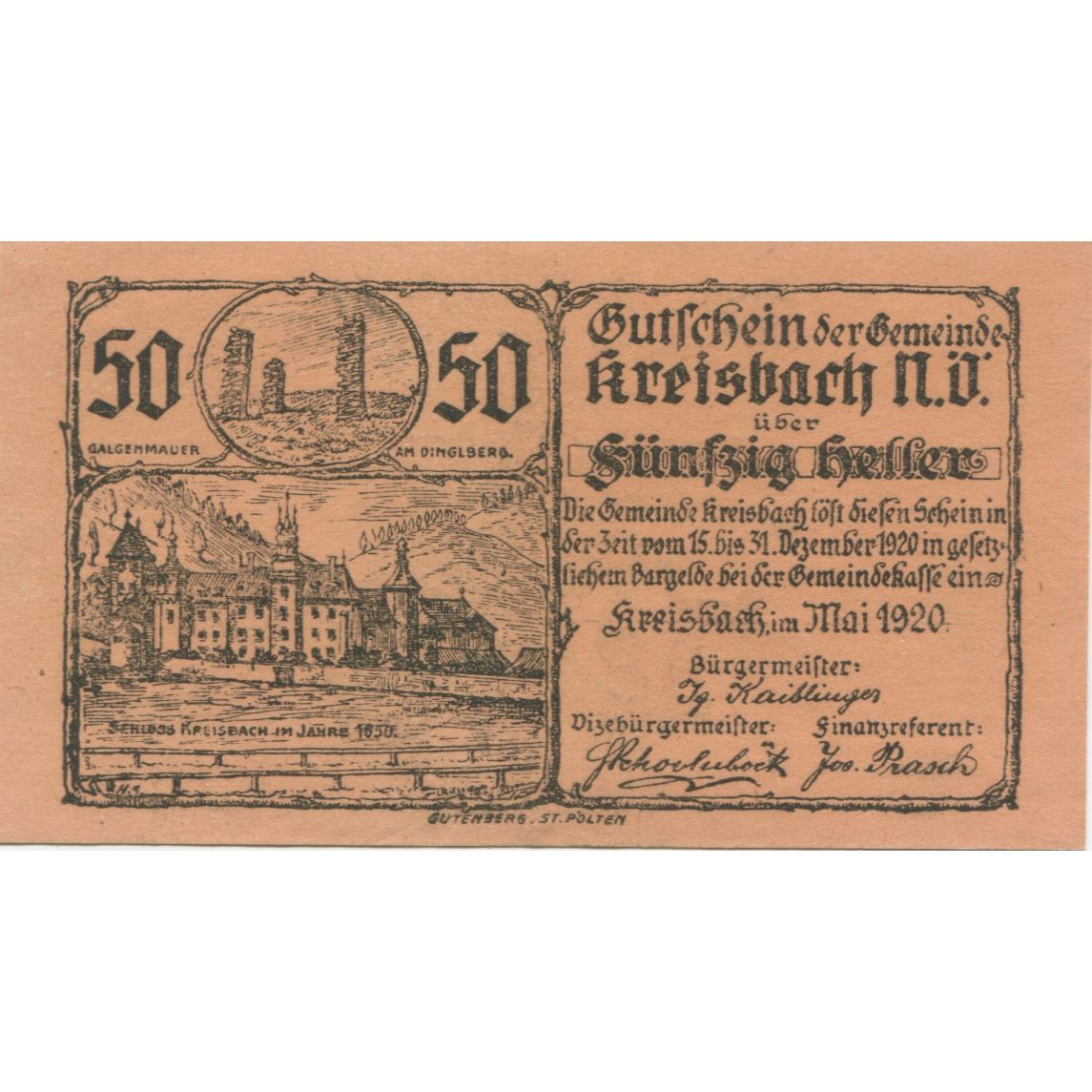 Geldschein, Österreich, Kreisbach, 50 Heller, château, 1920 UNZ- Mehl:FS 1235a