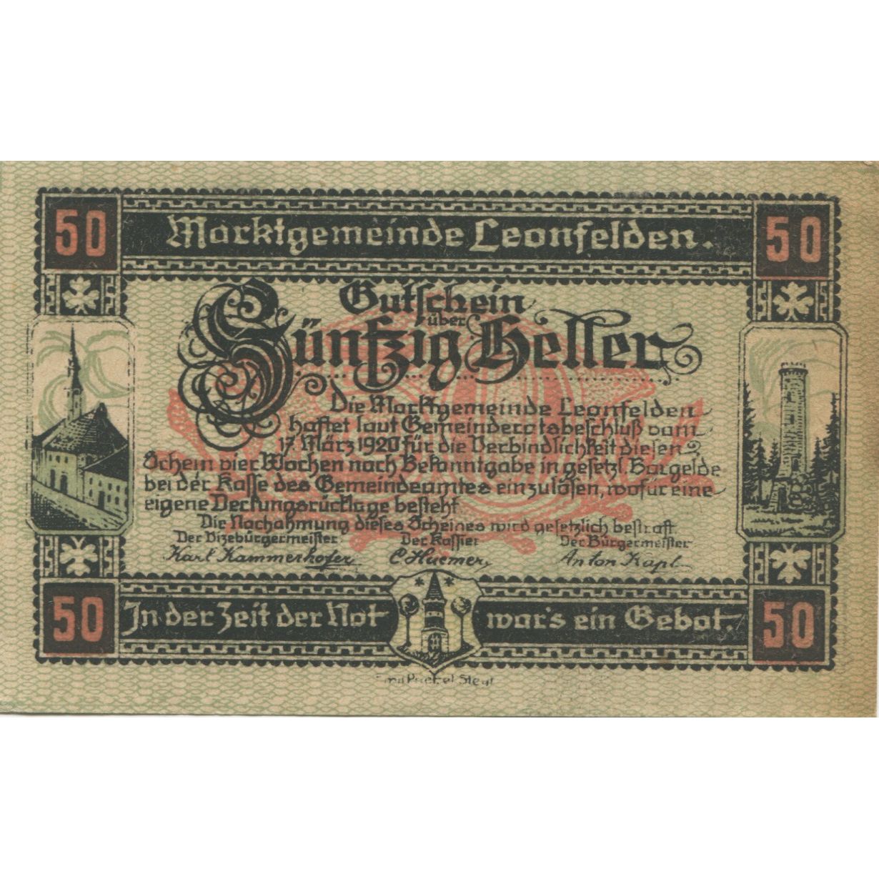 Banknote, Austria, Leonfelden, 50 Heller, Eglise, 1920, AU(55-58) Mehl:FS 514
