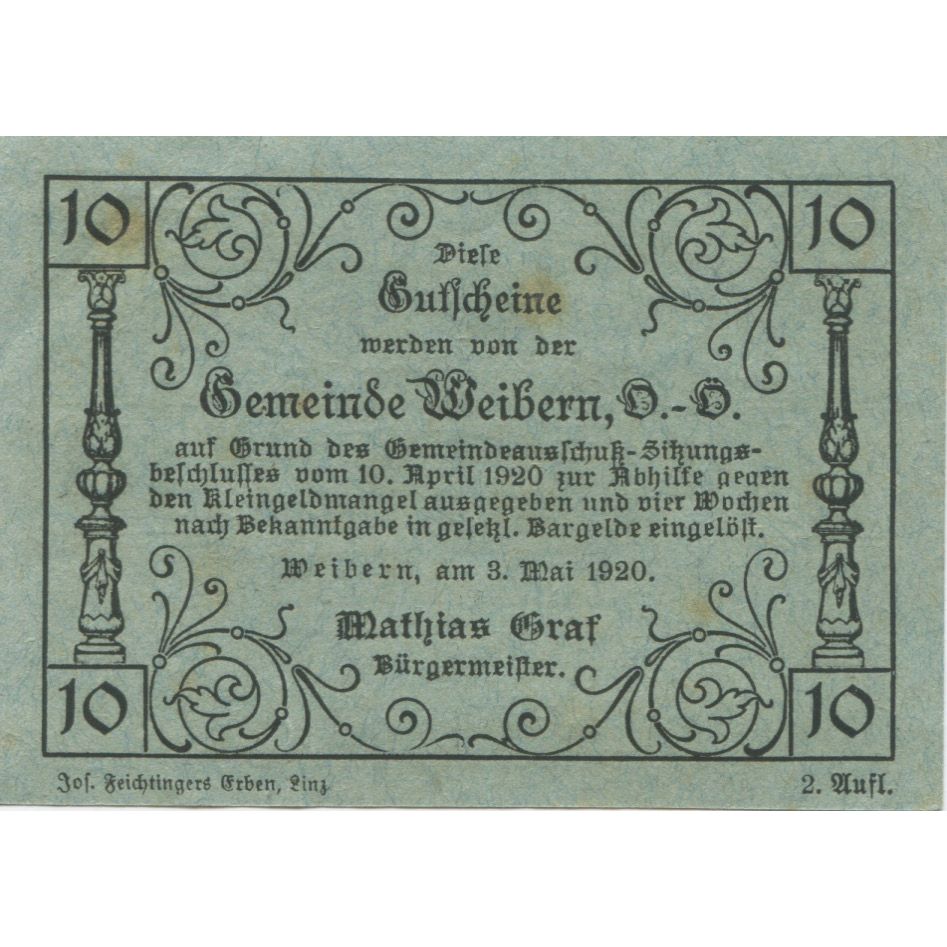 Banknote, Austria, Weibern, 10 Heller, champs, 1920, UNC(63), Mehl:FS 1146b