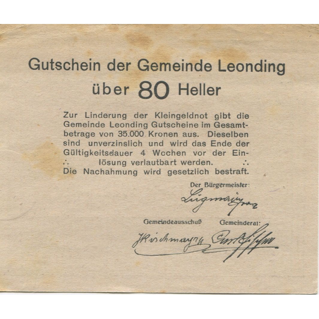Banknote, Austria, Leonding, 80 Heller, village, 1920, AU(55-58), Mehl:FS 513a