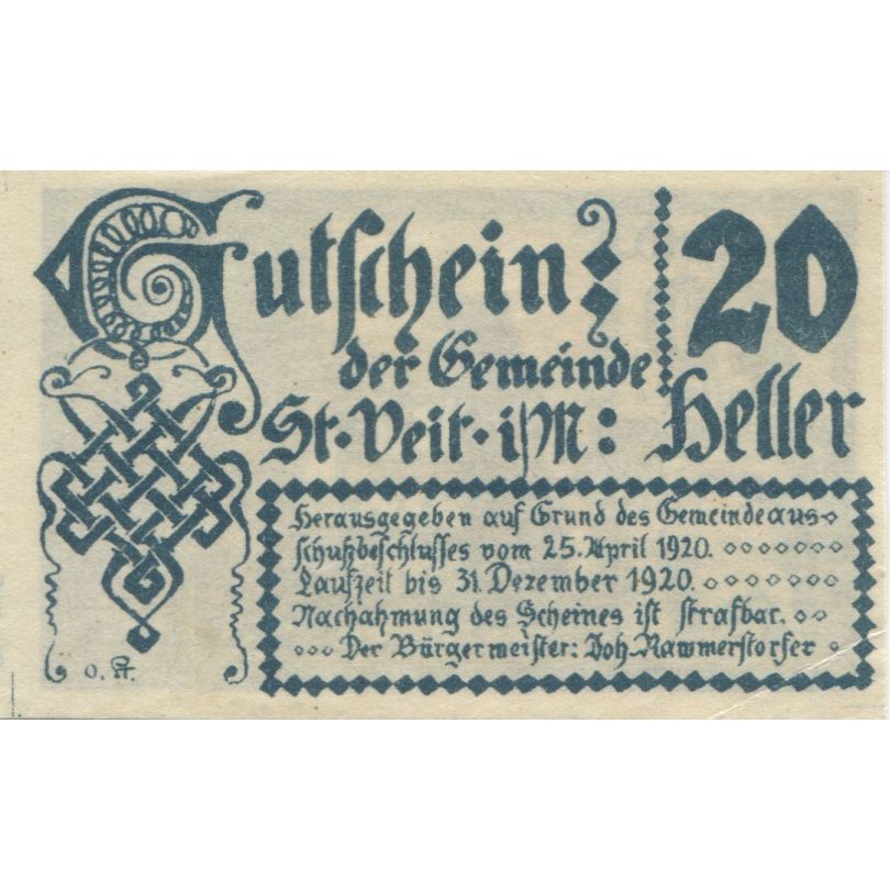 Geldschein, Österreich, St Veit, 20 Heller, personnage 1920  UNZ-Mehl:FS 944a