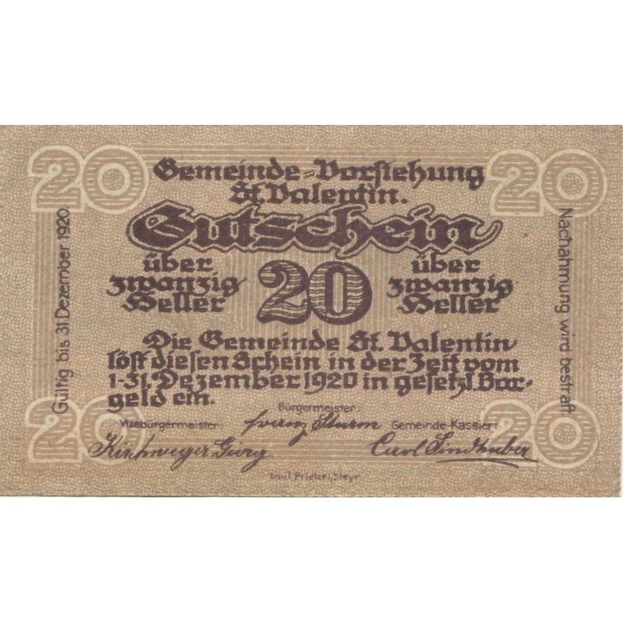 Banknote, Austria, St Valentin, 20 Heller, château, 1920 UNC(63) Mehl:FS 941