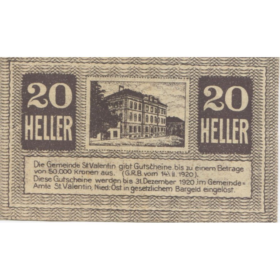 Banknote, Austria, St Valentin, 20 Heller, château, 1920 UNC(63) Mehl:FS 941
