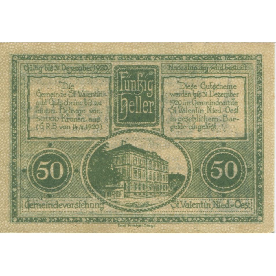 Banknote, Austria, St Valentin, 50 Heller, Eglise 1920-12-31, UNC(63)Mehl:FS 941