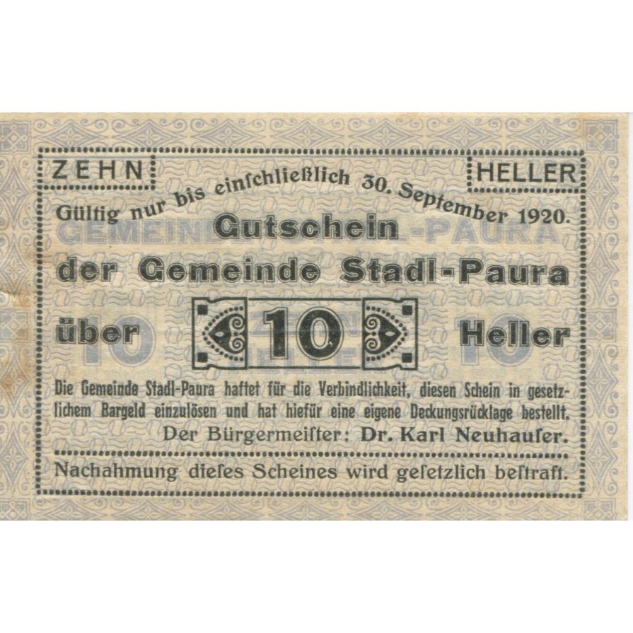 Banknot, Austria, Paura, 10 Heller, Texte 1920-09-30, AU(55-58) Mehl:FS 1008Ia