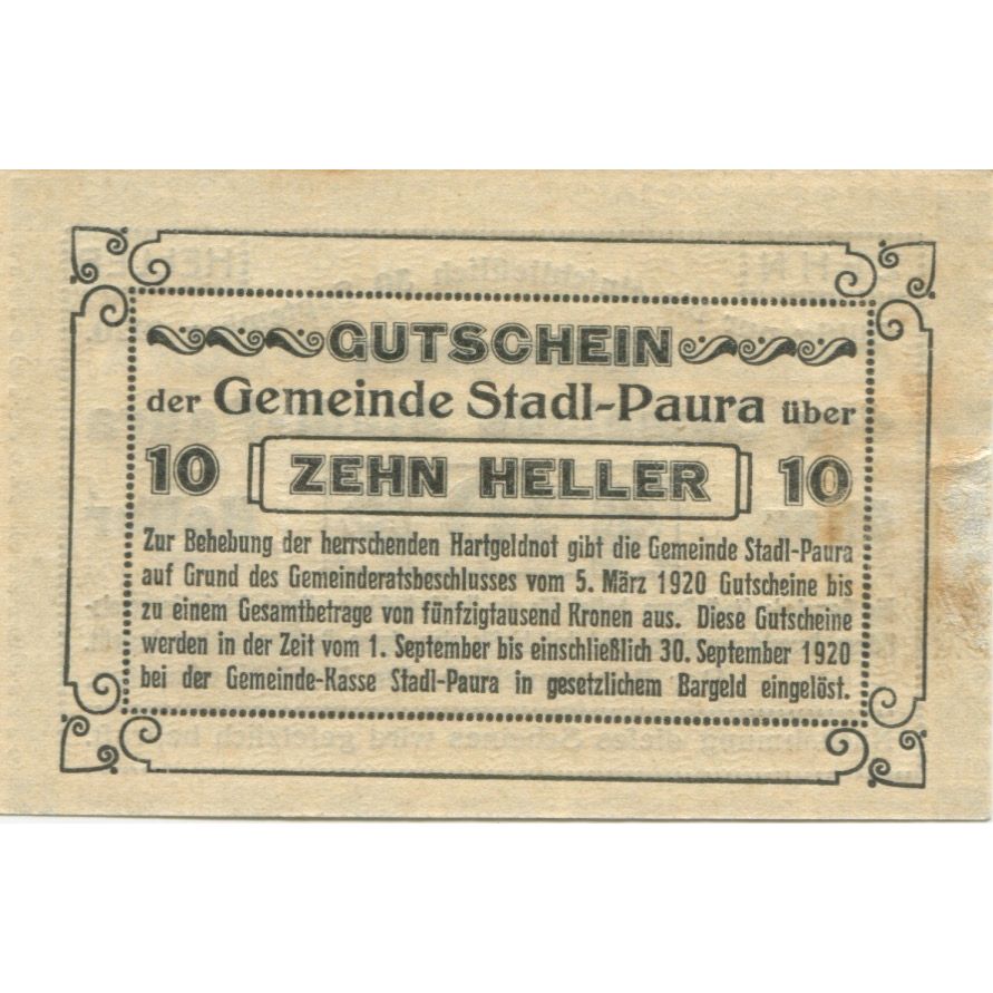 Banknot, Austria, Paura, 10 Heller, Texte 1920-09-30, AU(55-58) Mehl:FS 1008Ia