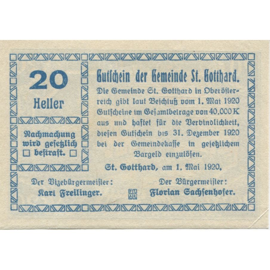 Banknote, Austria, St Gotthard, 20 Heller, château 1920 UNC(63) Mehl:FS 892