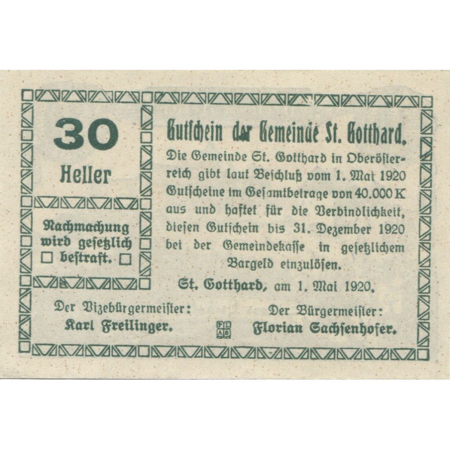 Banknote, Austria, St Gotthard, 30 Heller, village, 1920 UNC(63) Mehl:FS 892