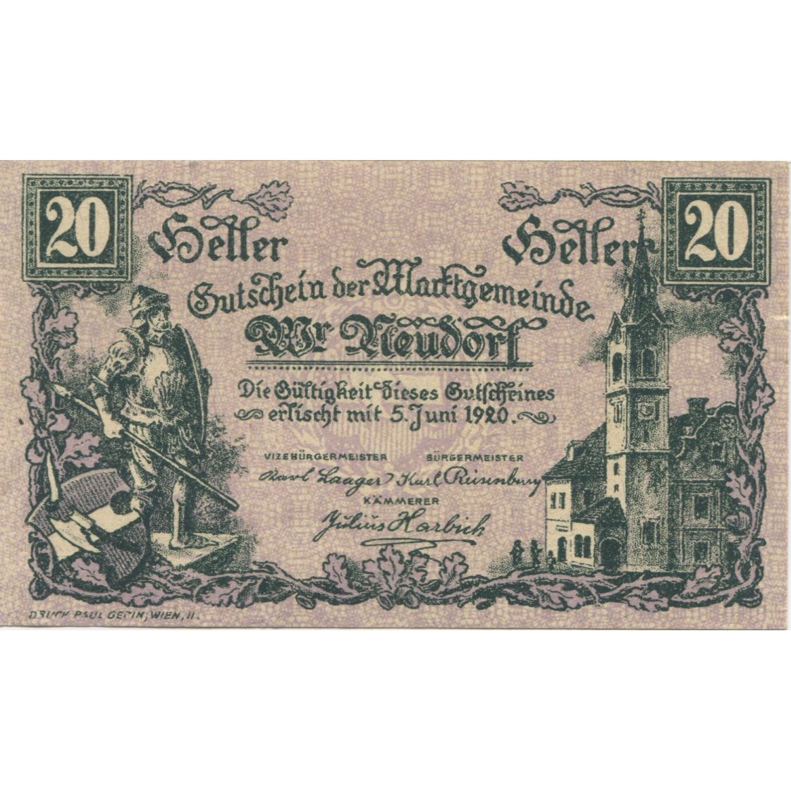 Banknote, Austria, Neudorf, 20 Heller, château, 1920 UNC(63) Mehl:FS 1229Ia