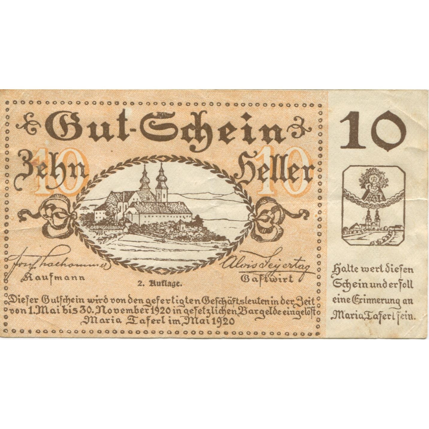 Geldschein, Österreich, Maria Taferl, 10 Heller, Eglise, 1920 VZ Mehl:FS 589a