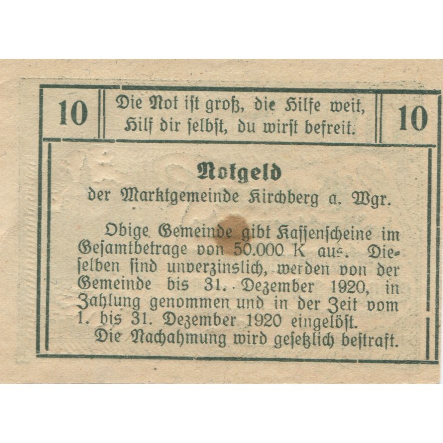 Geldschein, Österreich, Kirchberg, 10 Heller, champs, 1920 UNZ- Mehl:FS 439Ia