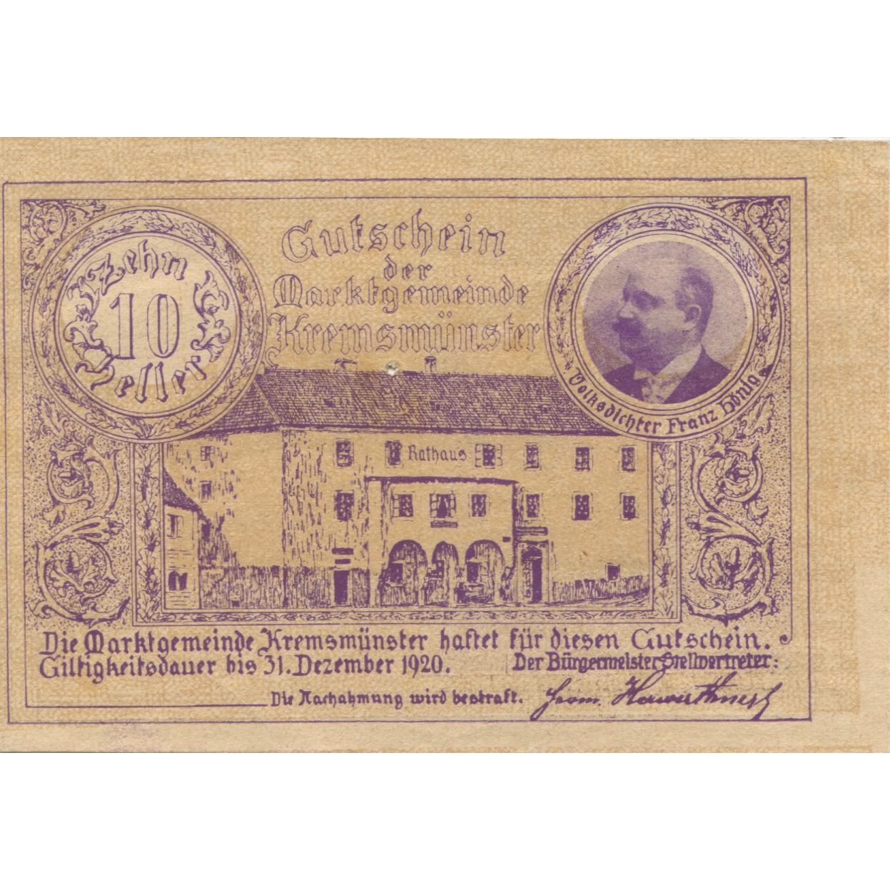 Banknote, Austria, Kremsmunster, 10 Heller, mairie, 1920 UNC(63) Mehl:FS 476II