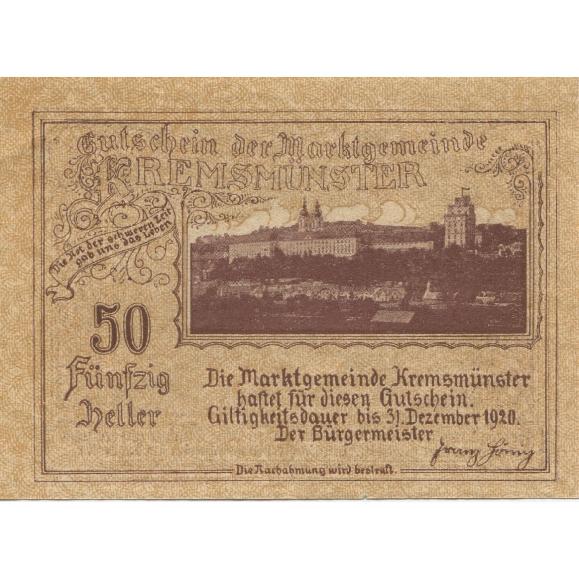 Geldschein, Österreich, Kremsmunster, 50 Heller, château 1920 UNZ- Mehl:FS 476II