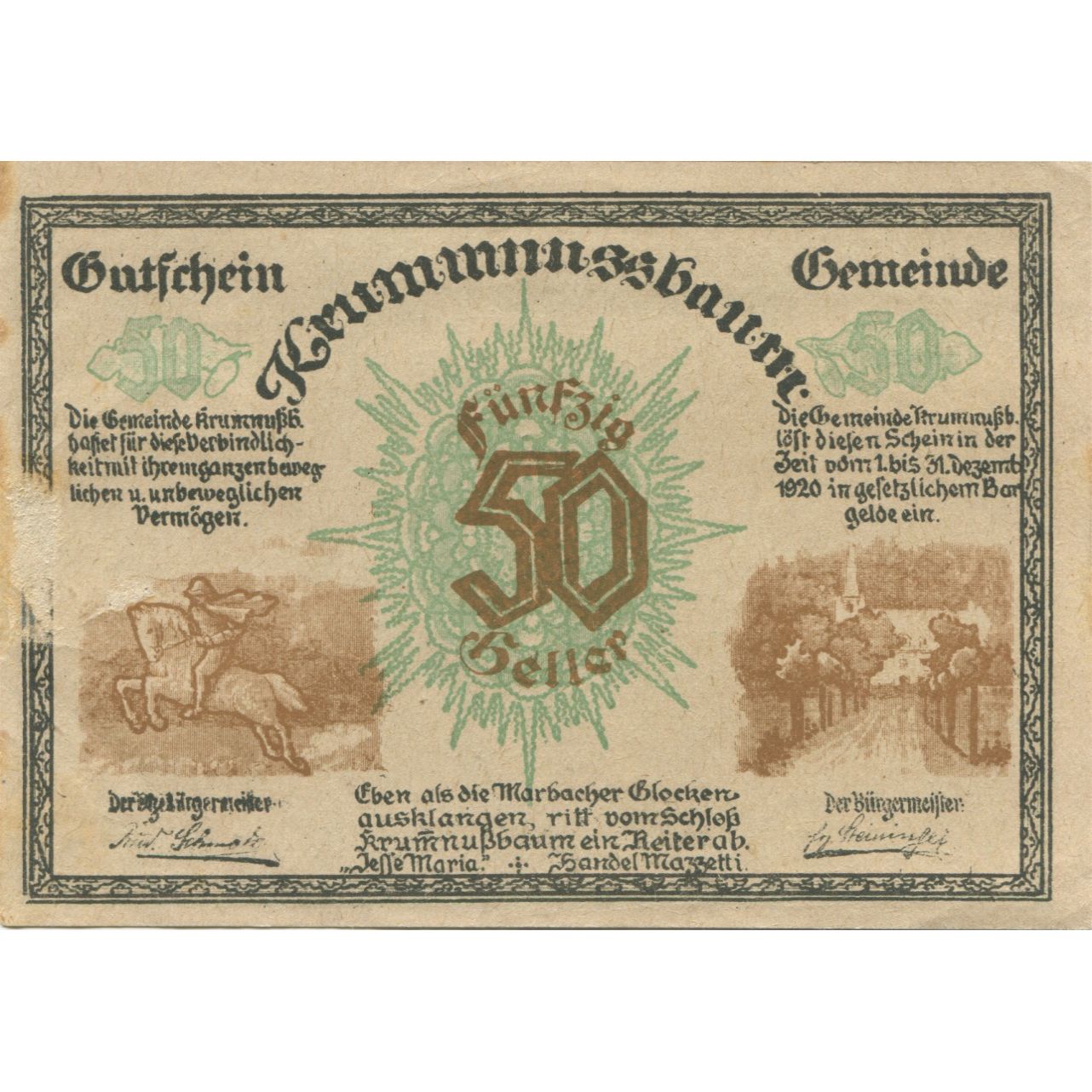 Banknote, Austria, Krummnusssbaum, 50 Heller, route, 1920 UNC(63) Mehl:FS 488