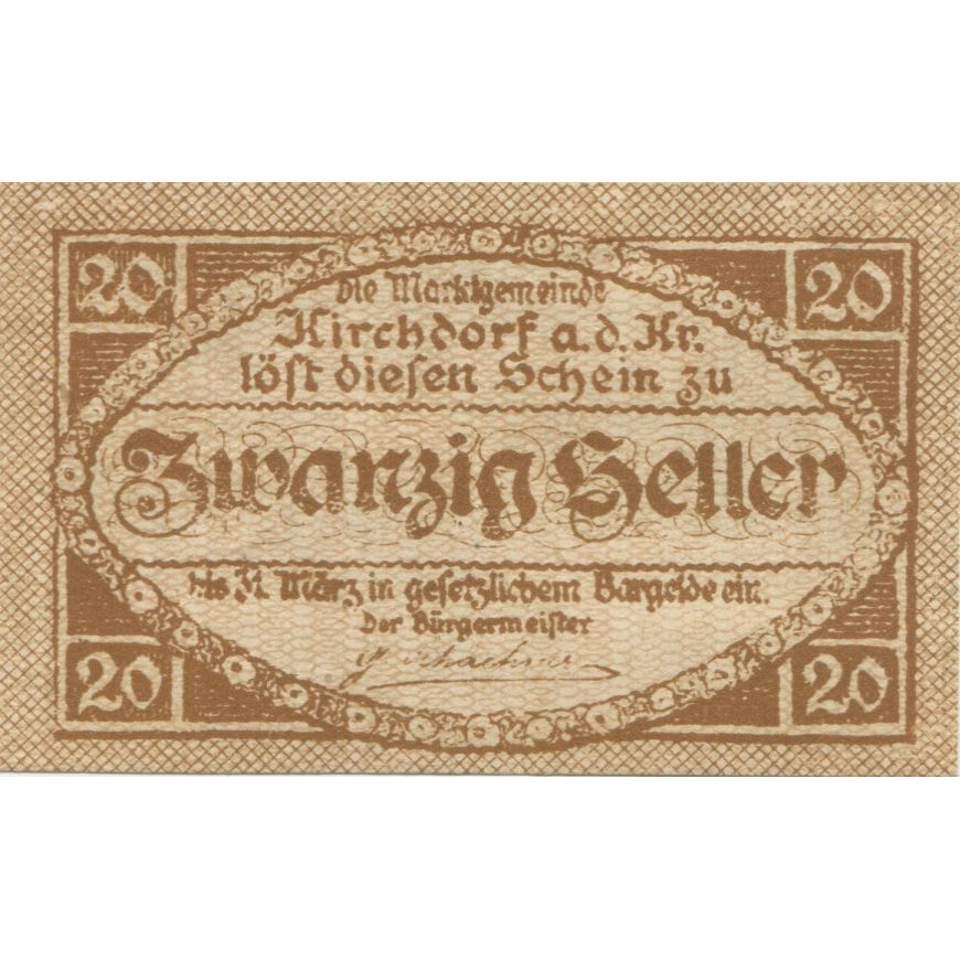 Geldschein, Österreich, Kirchberg, 20 Heller, Texte, 1920 UNZ- Mehl:FS 441