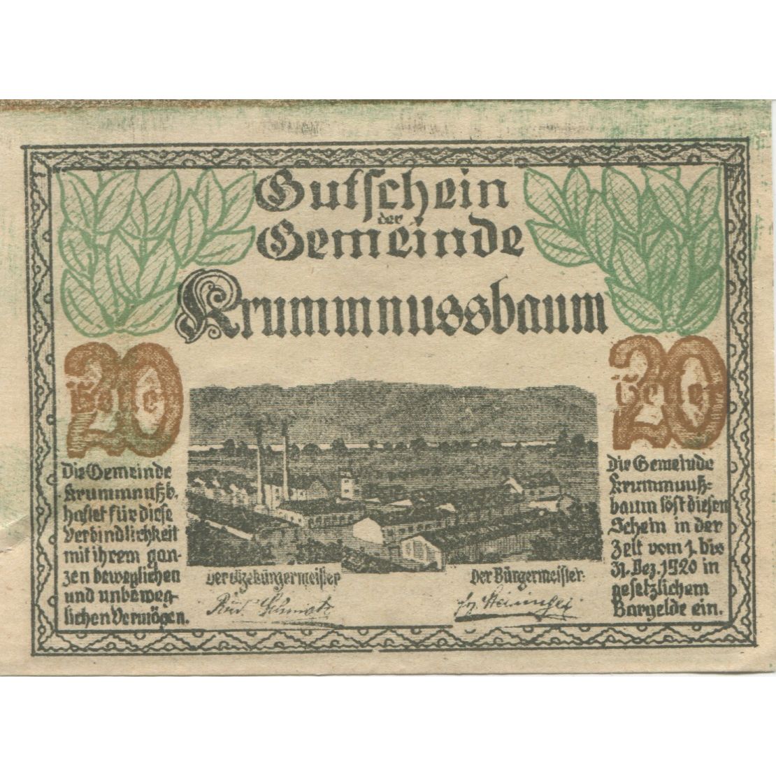 Geldschein, Österreich, Krummnusssbaum, 20 Heller, Usine, 1920 UNZ- Mehl:FS 389I