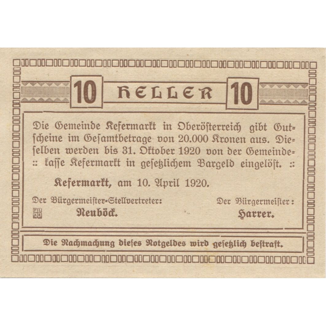 Banknote, Austria, Refermartt, 10 Heller, paysage, 1921, UNC(63), Mehl:FS 692V