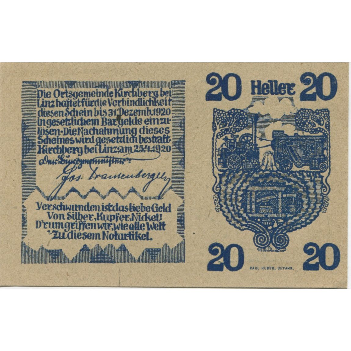 Banknote, Austria, Kirchberg, 20 Heller, Eglise, 1920 UNC(63) Mehl:FS 443a